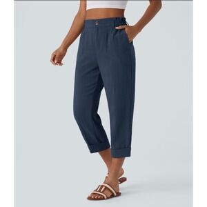 Halara High Waisted Zipper Pocket Cropped Linen-Feel Pants Navy Blue Large